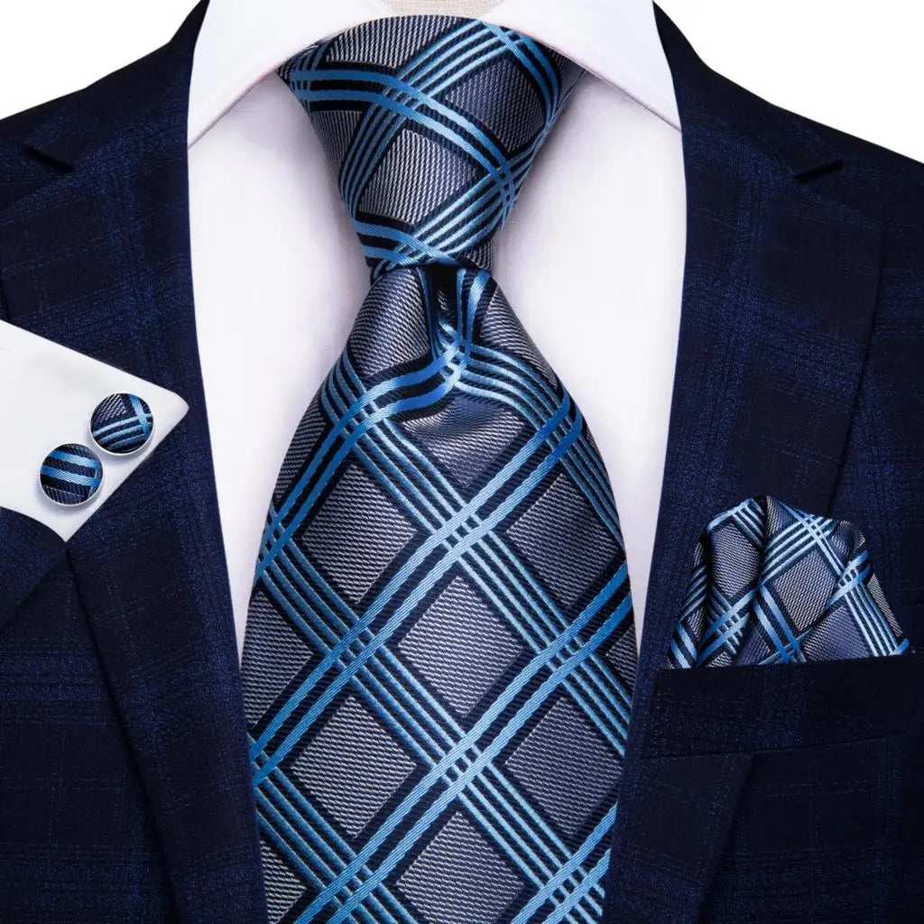 Hi-Tie Plaid Silk Tie For Men Elegant Mens Blue Grey Necktie Pocket Square Cufflink Groom Wedding Accessory Wholesale Designer