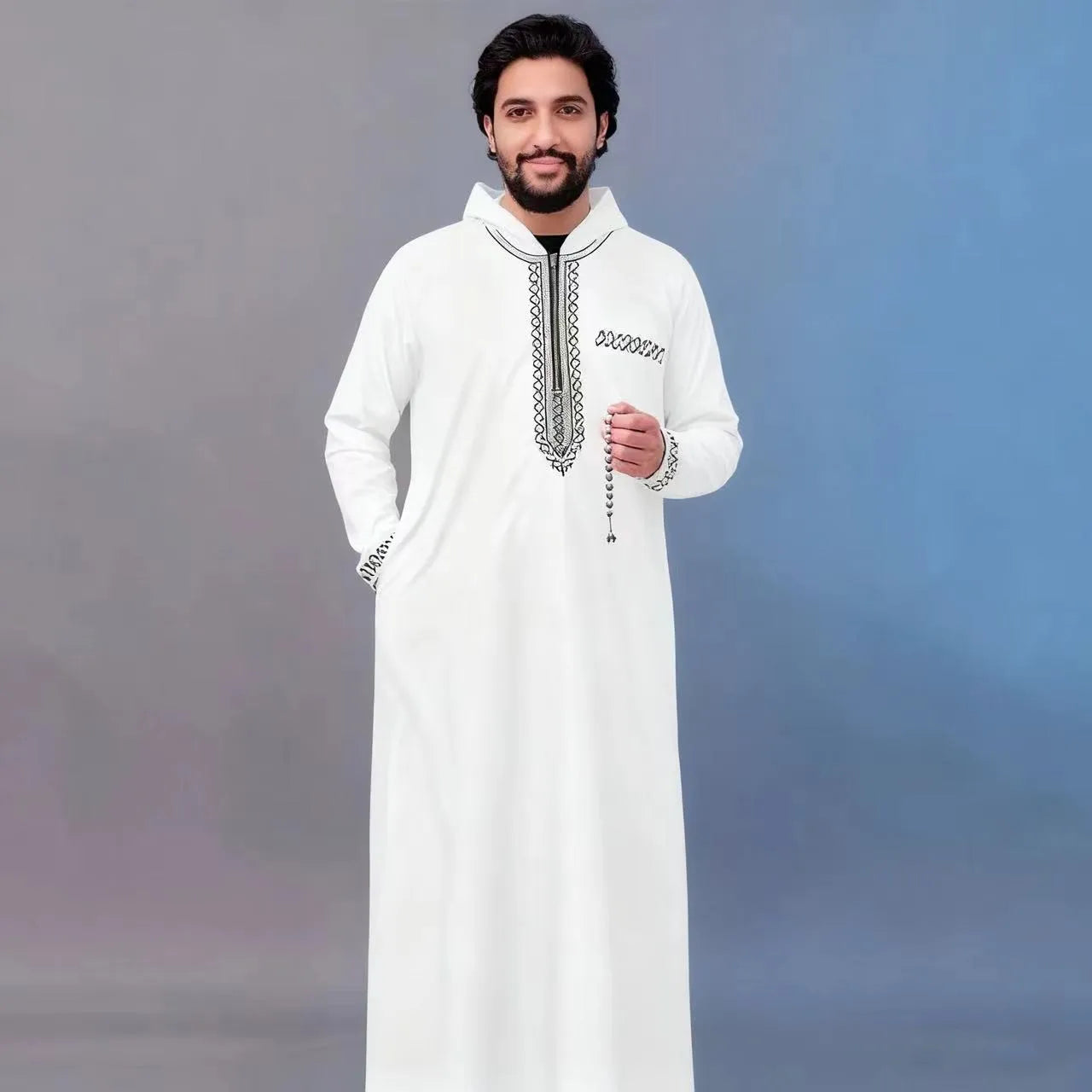 New Islamic Muslim Men's Thobe Long-sleeved Classic Embroidery Robe Arabic Ethnic Style Men's Casual Formal Robe Prayer Dress