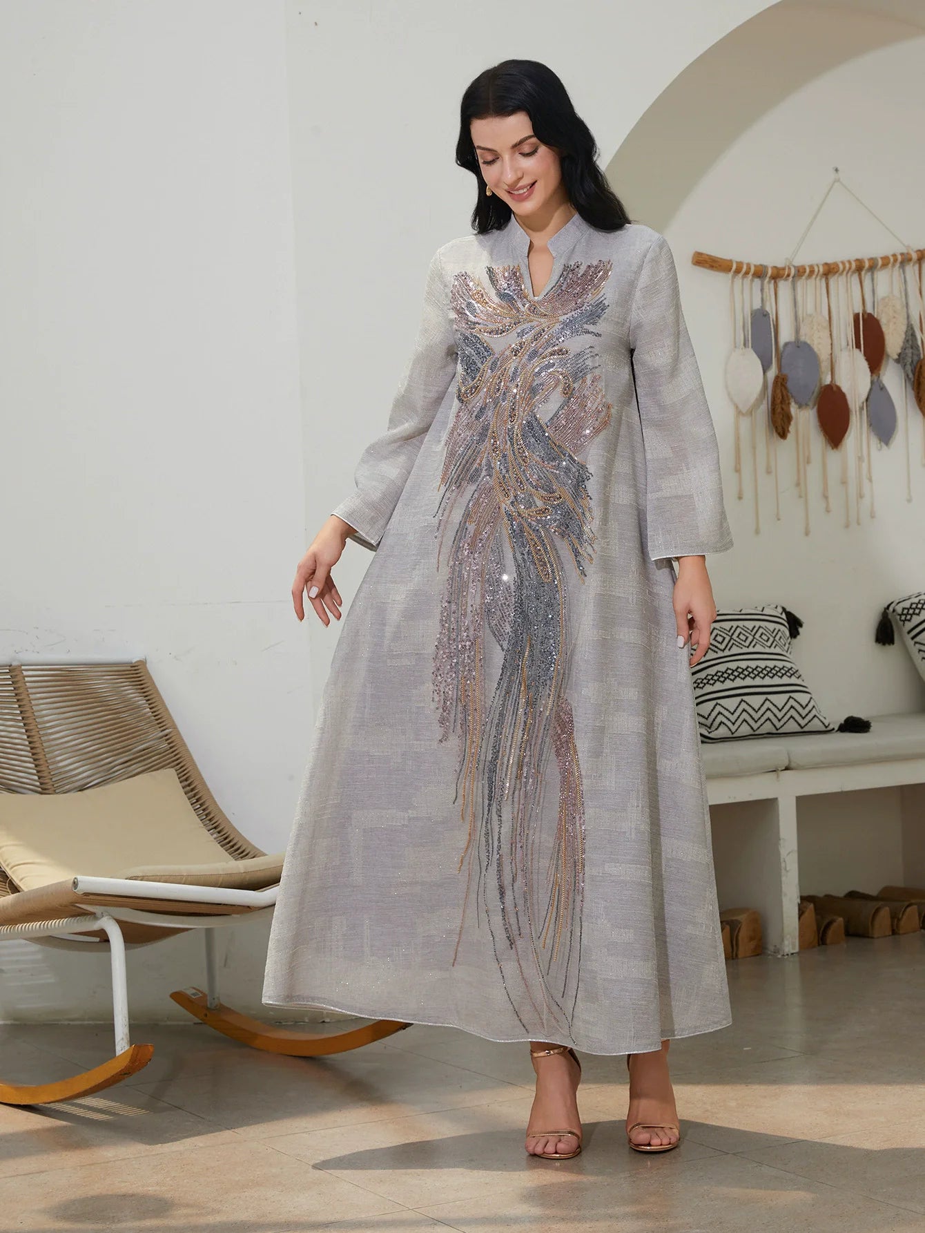 Middle East Dubai Saudi Arabia Muslim Luxury Fashion Islamic Ramadan Women's Dress Mesh Bead Heavy Industry Abaya Robe