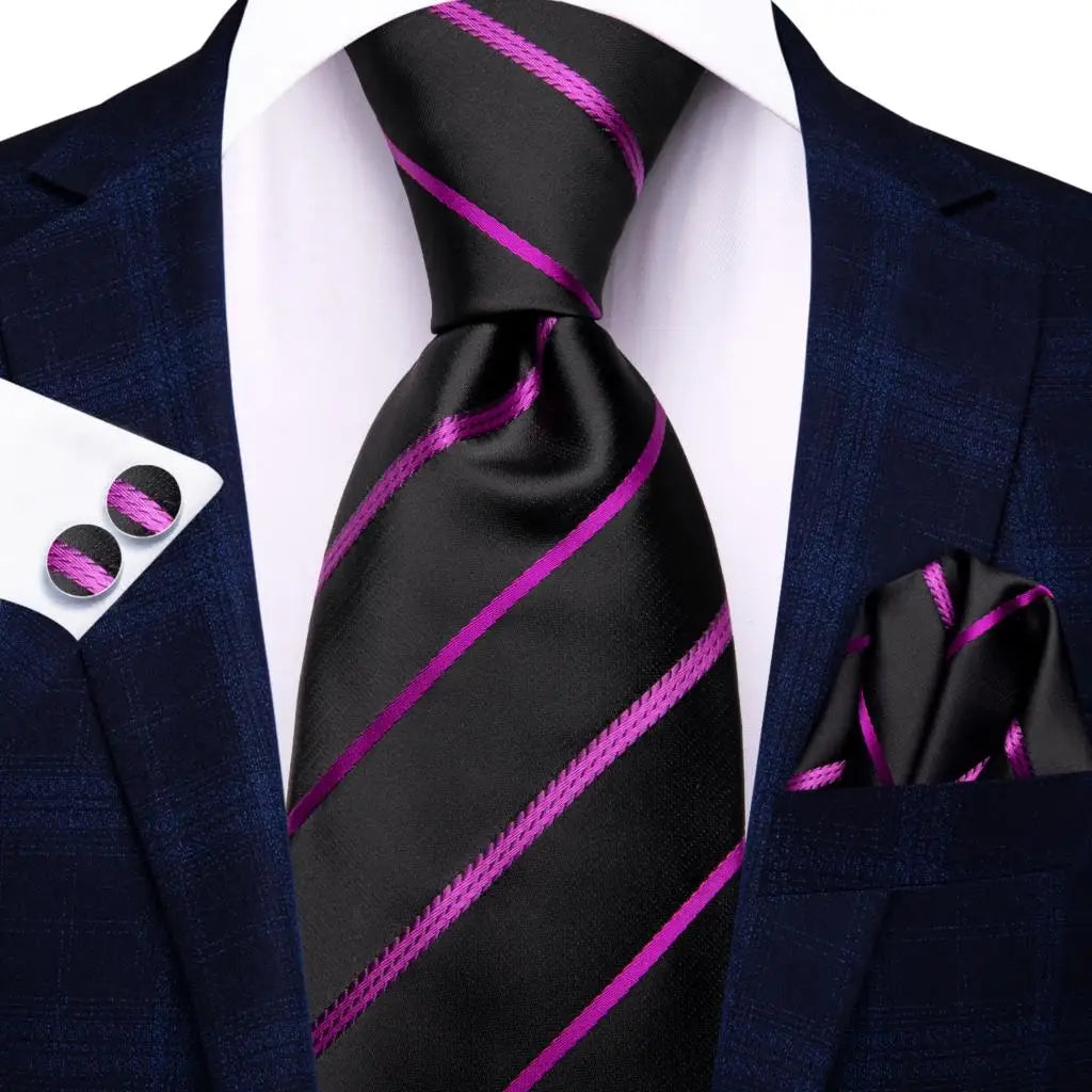 Hi-Tie Men Fashion Striped Navy Blue Necktie Handkerchief Cufflinks for Tuxedo Accessory Classic Silk Luxury Tie for Man Gift