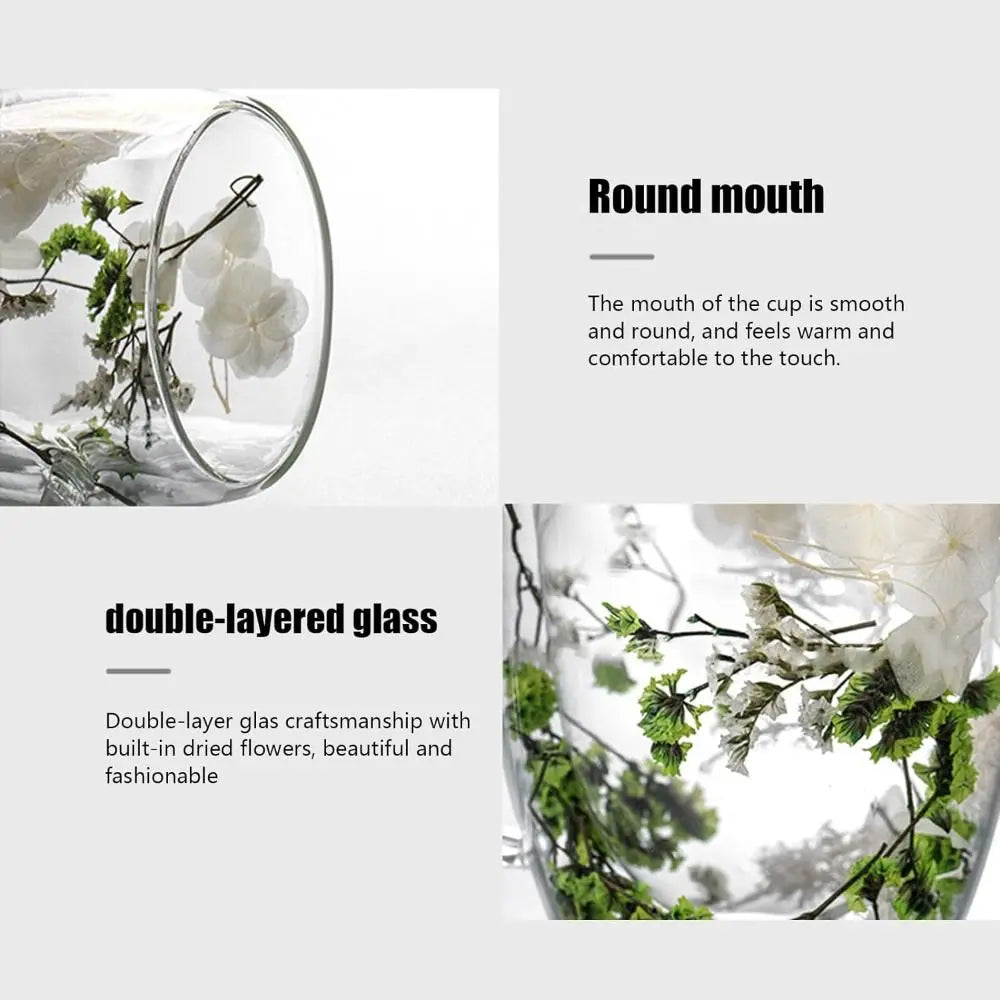 Dried Flowers Double Walled Coffee Mug 350ml Dried Flowers Glass Mugs Unique Creative Flower Mug with Handle Anti-Scalding Mug