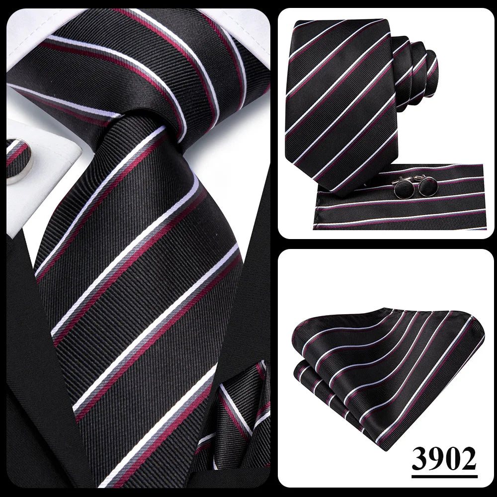 Hi-Tie Men Fashion Striped Navy Blue Necktie Handkerchief Cufflinks for Tuxedo Accessory Classic Silk Luxury Tie for Man Gift