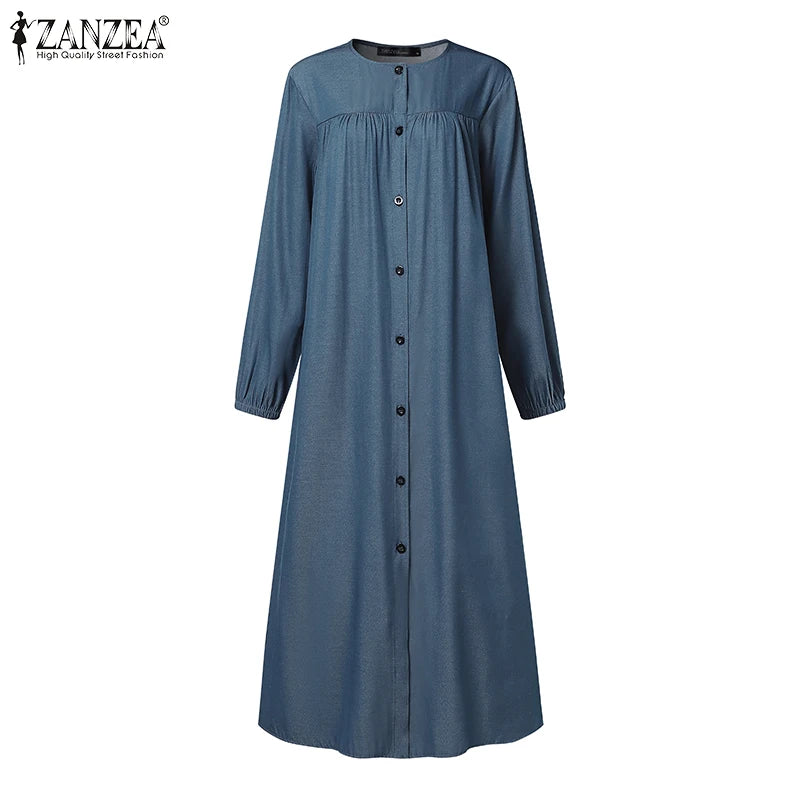 ZANZEA Ramadan Hijab Dresses Muslim Abaya Robe Femme Casual Long Sleeve Kaftan IsIamic Vestidos Women Denim Blue Maxi Dress 2025
