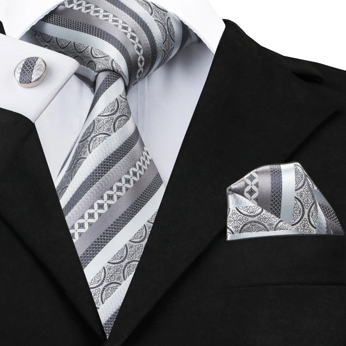 Hi-Tie New Clasic Grey Tie for Men Silk Fabric Jacquard Woven Tie Hanky Cufflinks Set for Men Designer Fashion Silk Ties SN-1466