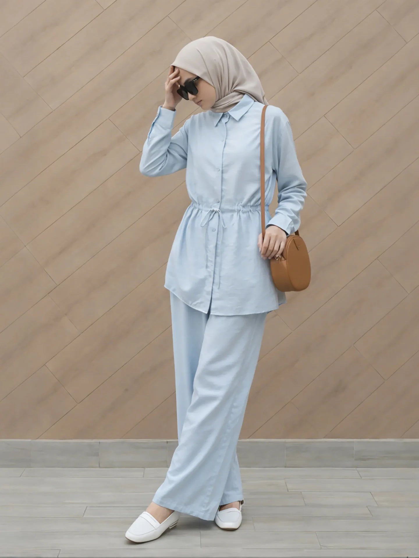 Turn Down Collar Rope Laced 2 Piece Set Women Clothing Wide Leg Pants Ramadan Prayer Dubai Islamic Clothes Turkish Abaya