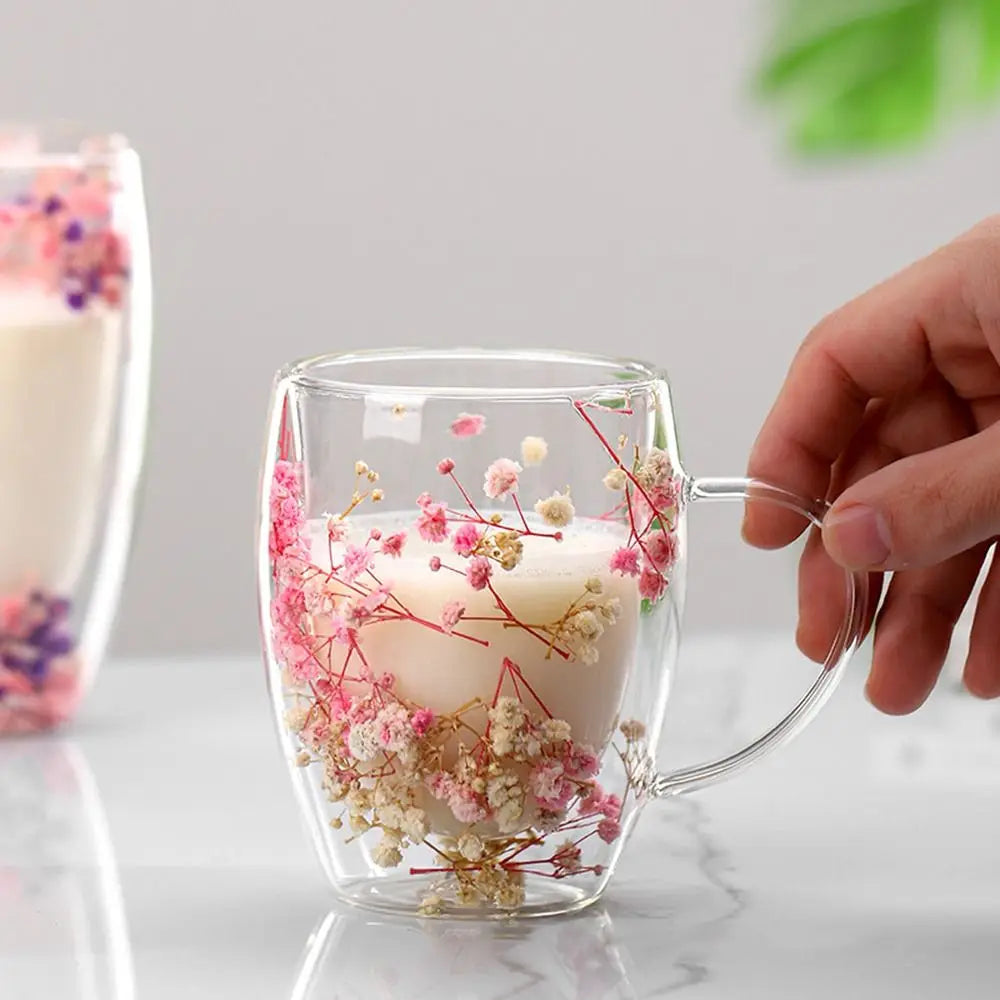 350ml Dried Flower Double Walled Glass Mug Cup Coffee Mug with Dry Flowers Decorative Creative Flower Mug Double Wall Flower Cup