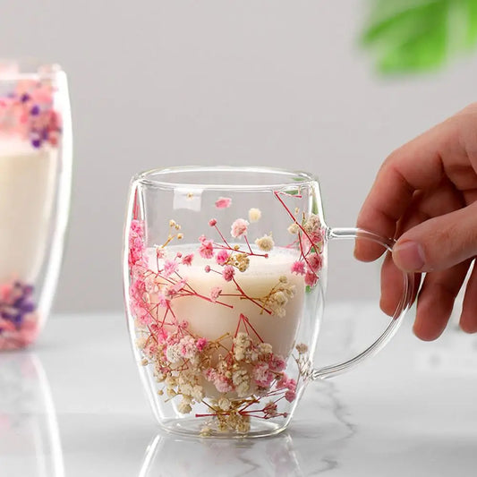 350ml Dried Flower Double Walled Glass Mug Cup Coffee Mug with Dry Flowers Decorative Creative Flower Mug Double Wall Flower Cup