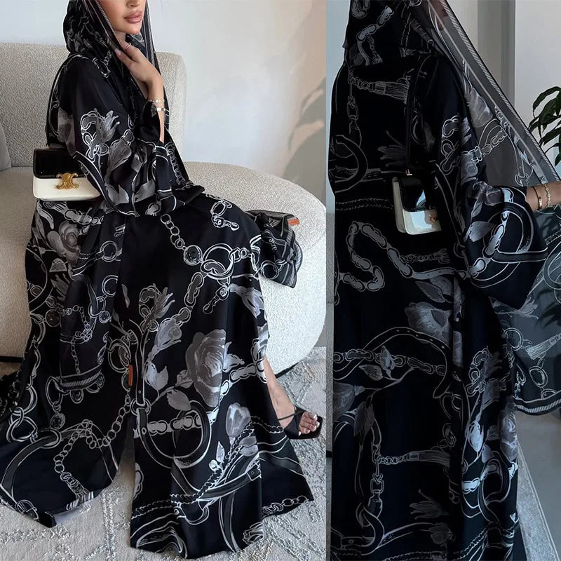 Fashionable Printed Two-Piece Set Large Robe Muslim Middle East Dubai Ethnic Style Outerwear Abaya Open Cardigan Polyester Fa...