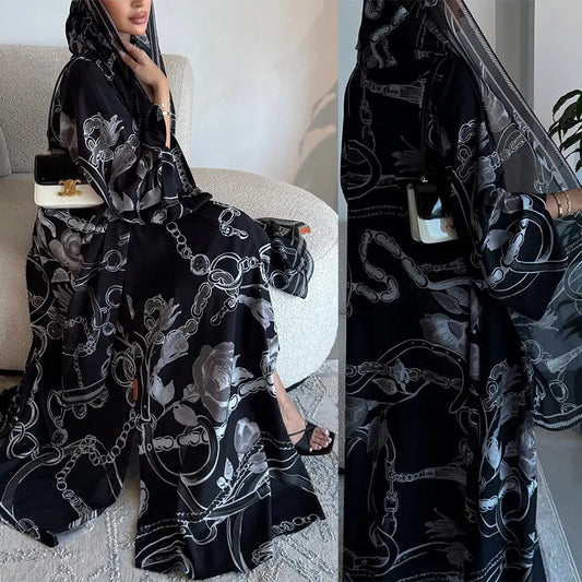 Fashionable Printed Two-Piece Set Large Robe Muslim Middle East Dubai Ethnic Style Outerwear Abaya Open Cardigan Polyester Fa...