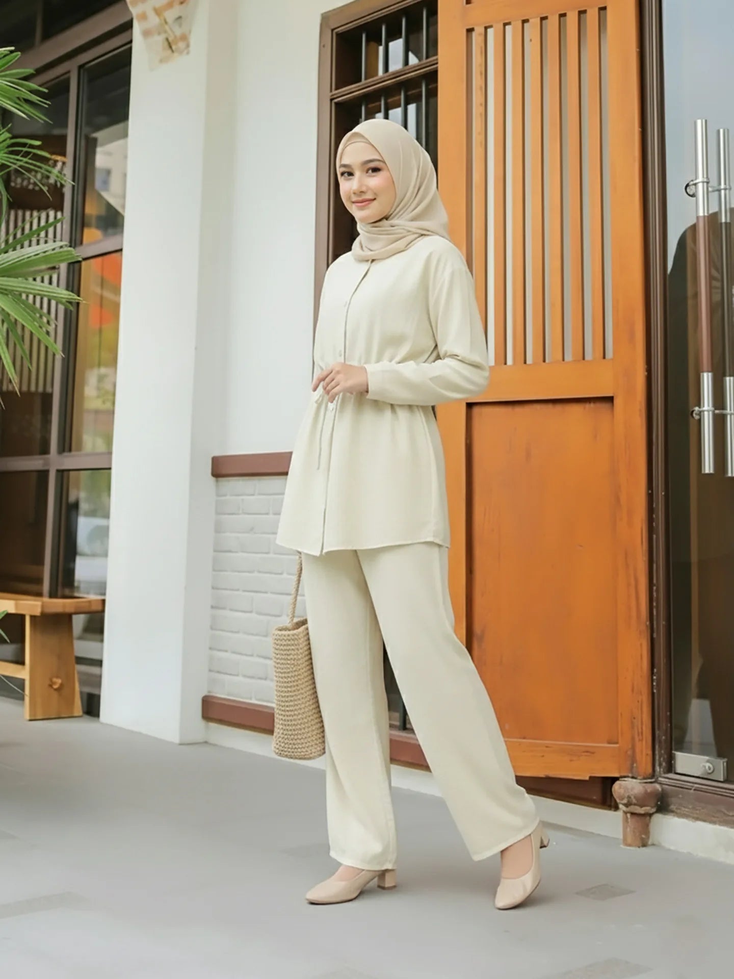 Turn Down Collar Rope Laced 2 Piece Set Women Clothing Wide Leg Pants Ramadan Prayer Dubai Islamic Clothes Turkish Abaya