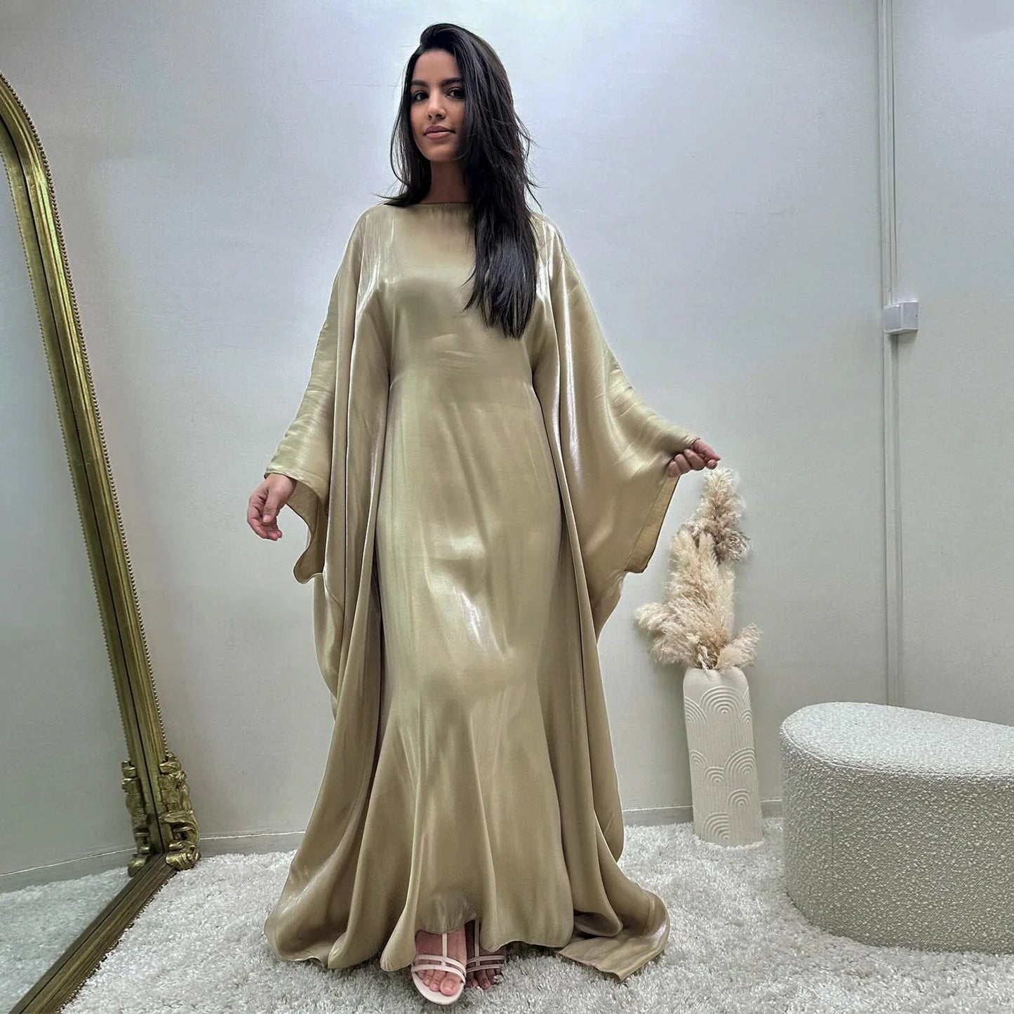 Ramadan Summer Batwing Sleeve Satin Butterfly Abaya Islam Muslim Maxi Dress Kebaya Women Kaftan Robe Musulmane Femme Vestidos