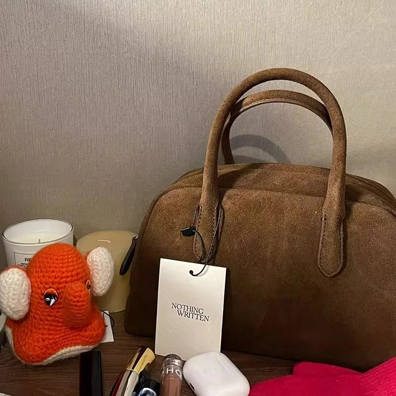 Nothingwritten Suede Leather Bowling Bag Handheld Boston Bag Women's Handbag Korean Sle Hard Handle Canvas  Zipper Cl...