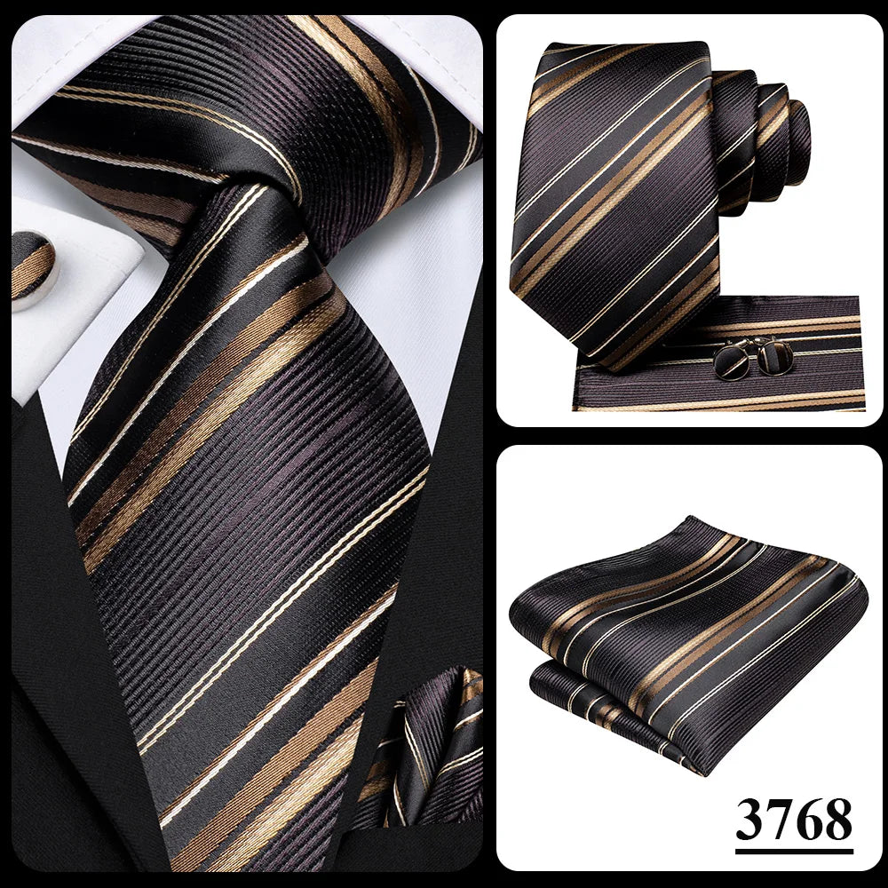 Hi-Tie Men Fashion Striped Navy Blue Necktie Handkerchief Cufflinks for Tuxedo Accessory Classic Silk Luxury Tie for Man Gift