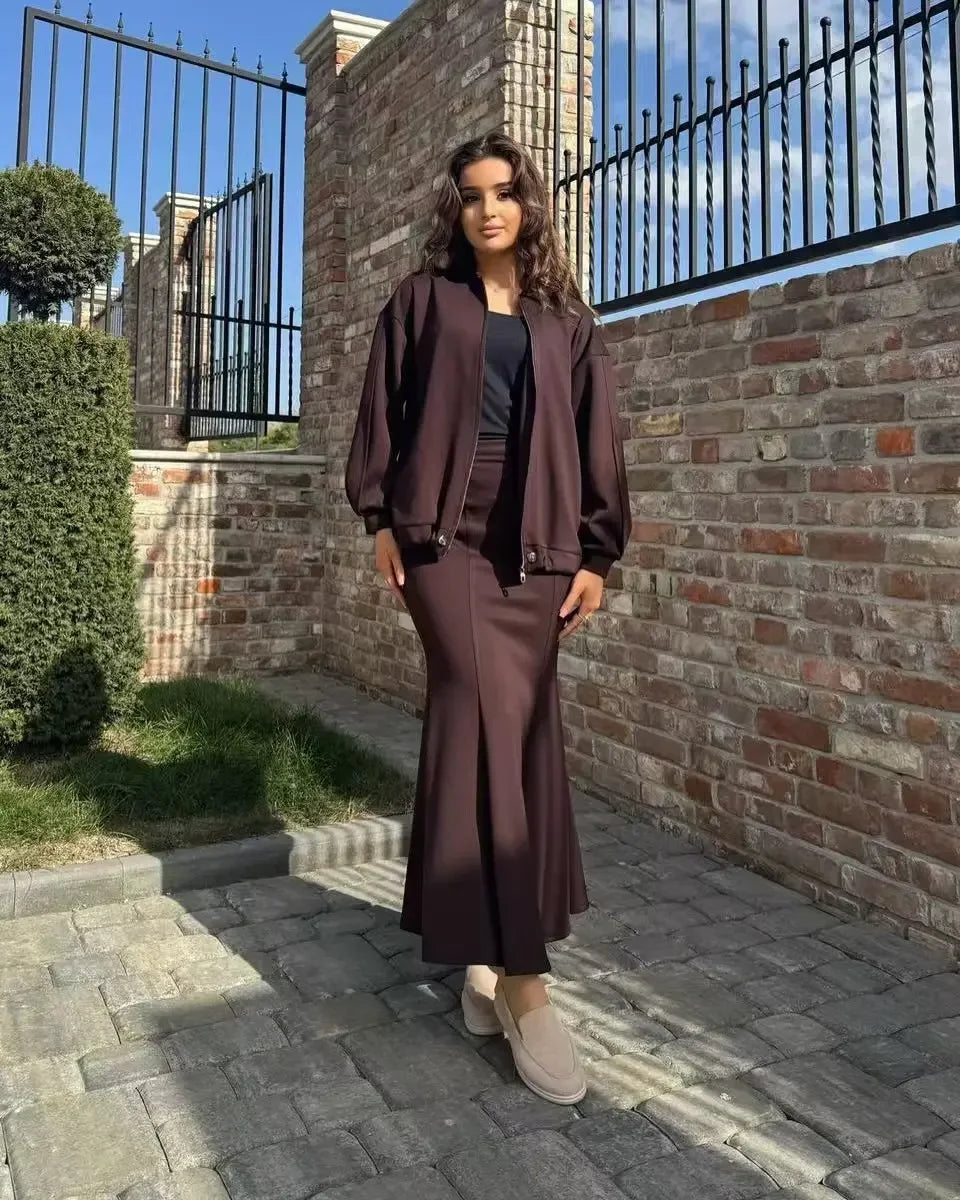 Women 2 Piece Set Coat Long Skirt Suit Zipper Jacket Morocco Dubai Islam Casual Ensemble Muslim Femme 2025 Skirts Outfits