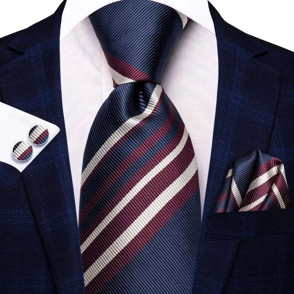 Hi-Tie Men Fashion Striped Navy Blue Necktie Handkerchief Cufflinks for Tuxedo Accessory Classic Silk Luxury Tie for Man Gift