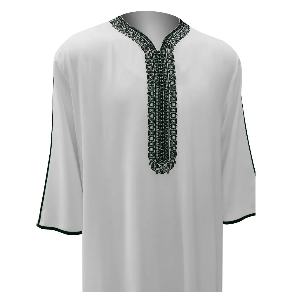 Men's Moroccan Style Thobe - 3/4 Sleeve Arabic Robe with Side Pockets, Ethnic Middle Eastern Loose Fit Muslim Wear