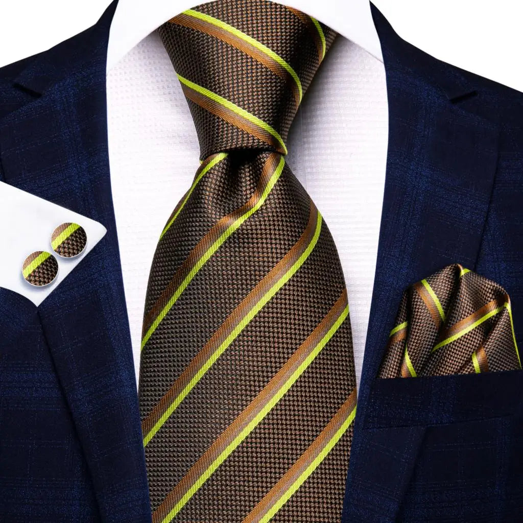 Hi-Tie Men Fashion Striped Navy Blue Necktie Handkerchief Cufflinks for Tuxedo Accessory Classic Silk Luxury Tie for Man Gift