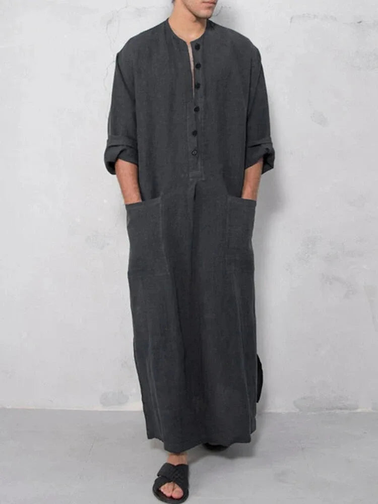 New Arrival Button Muslim Jubba Thobe For Men Islam Kaftan Abaya Pakistan Saudi Arabia Djellaba Long Sleeve Loose Dress MY950