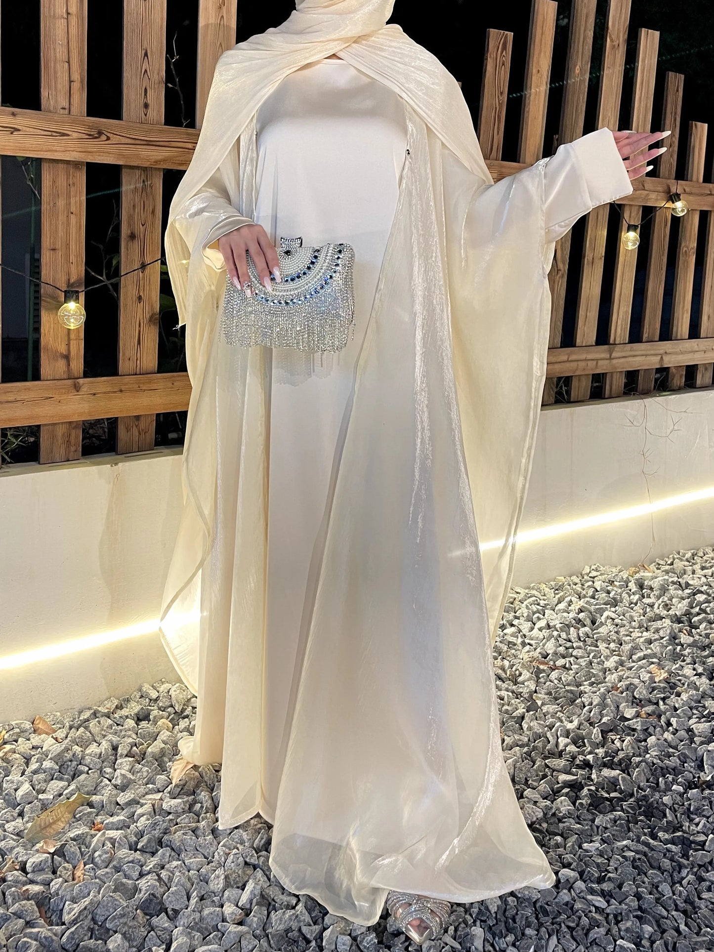 Cross-border foreign trade women's Muslim clothing Abaya solid color organza suit simple shawl outer skirt suit