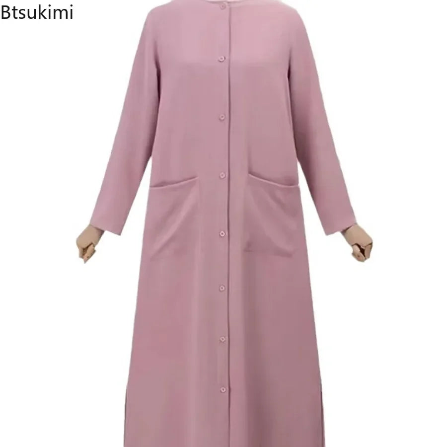 Fashion Women Muslim Solid Abaya Ramadan Turkey Dress Spring Long Sleeve Casual Shirt Dress Hijab Arab Robe Islam Clothing Femme