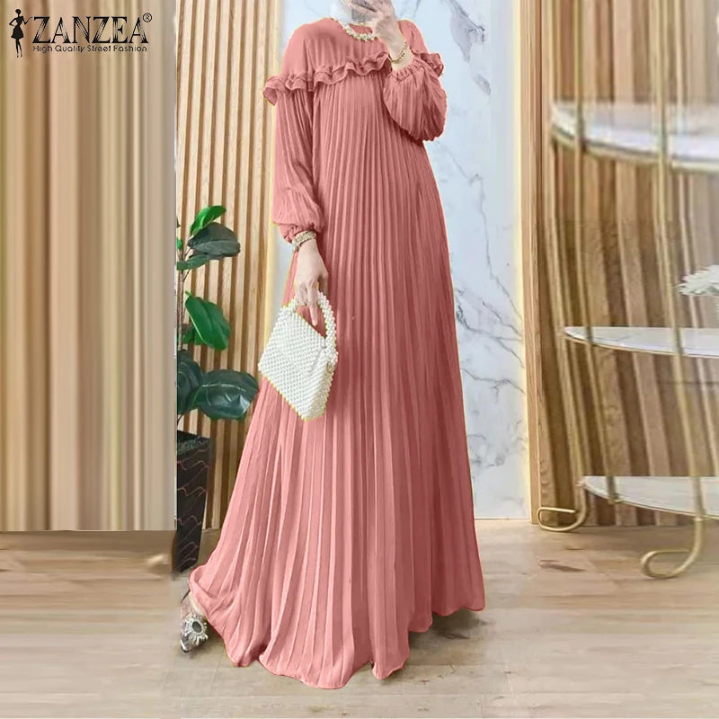 ZANZEA Elegant Hijab O Neck Maxi Dress Pleated Women Solid Muslim Islamic Abaya Robe Lantern Sleeve Casual Ruffles Vestidos