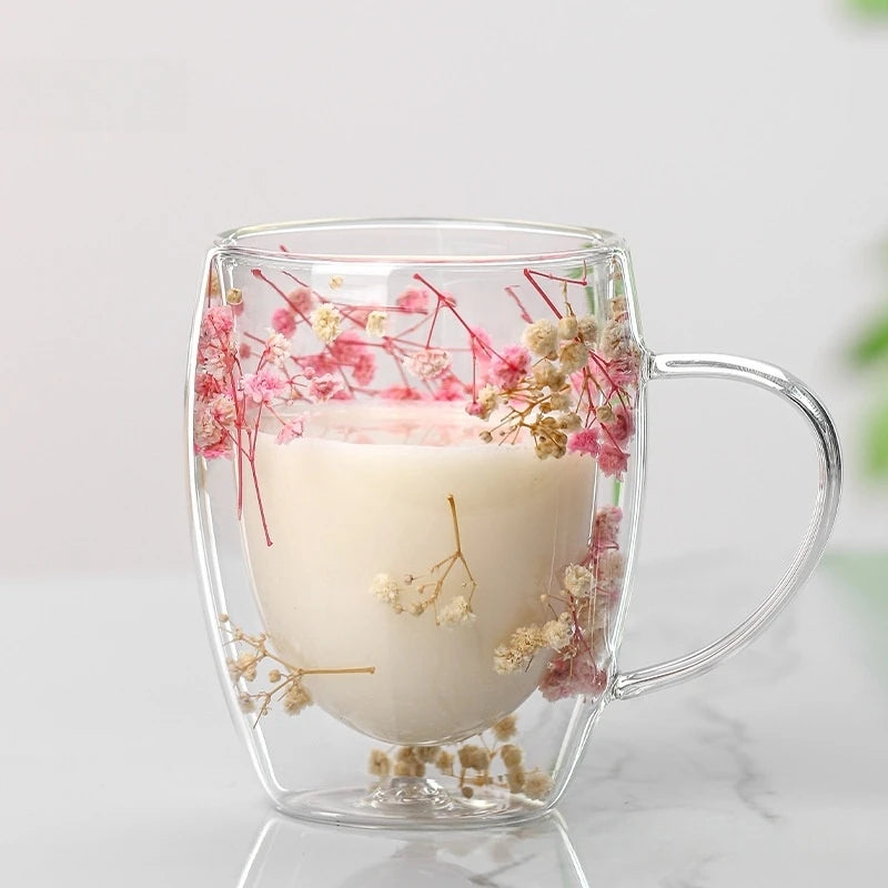 350ml Double Wall Glass Coffee Mug with Handles Clear Milk Cups Gifts Glass Cup Fill Artificial Simulation Flowers Teacup Gift