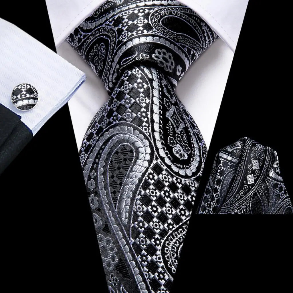 Hi-tie Design Black Solid Dot Silk Wedding Tie For Men Hanky Cufflink Gift Men Necktie Gravata Set Fashion Business Dropshipping