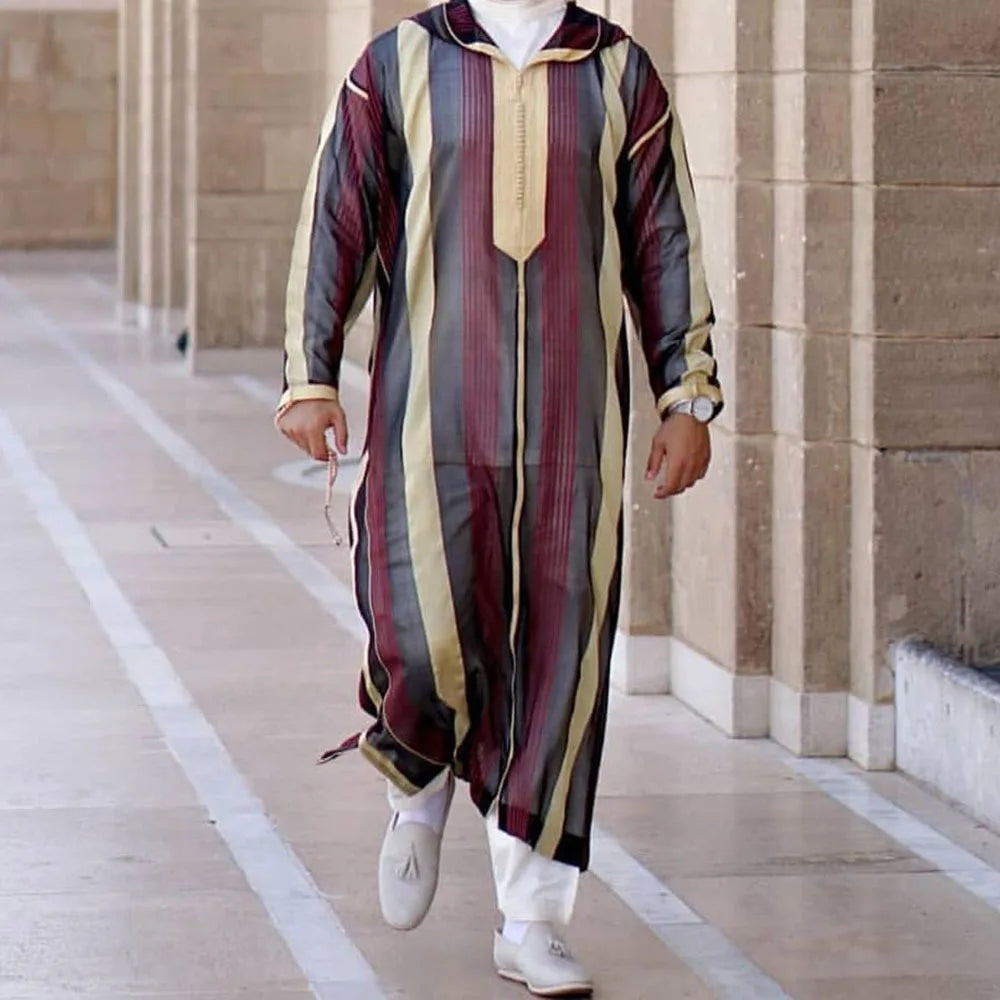 New Muslim Jubba Thobe Clothes Men Hoodie Ramadan Spring Autumn Abaya Dubai Turkey Islamic Clothing Male Casual Loose Red Stripe