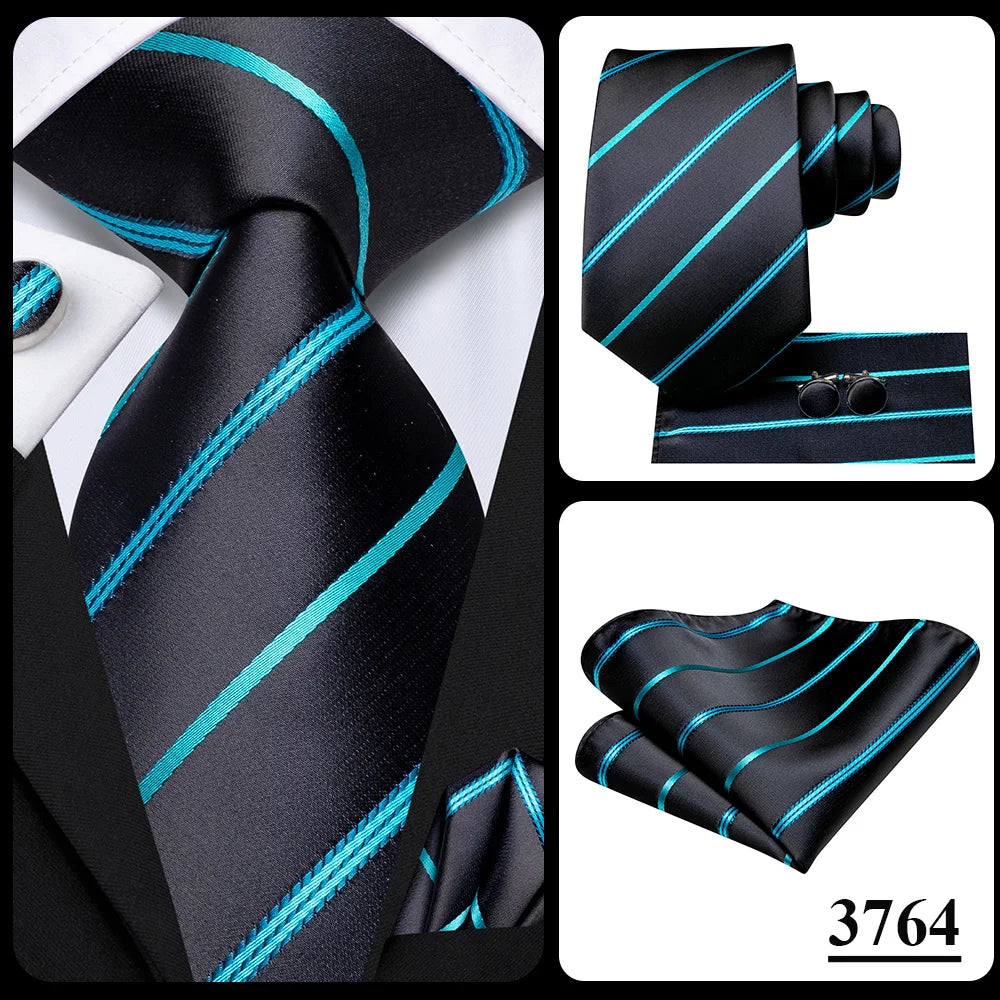Hi-Tie Men Fashion Striped Navy Blue Necktie Handkerchief Cufflinks for Tuxedo Accessory Classic Silk Luxury Tie for Man Gift