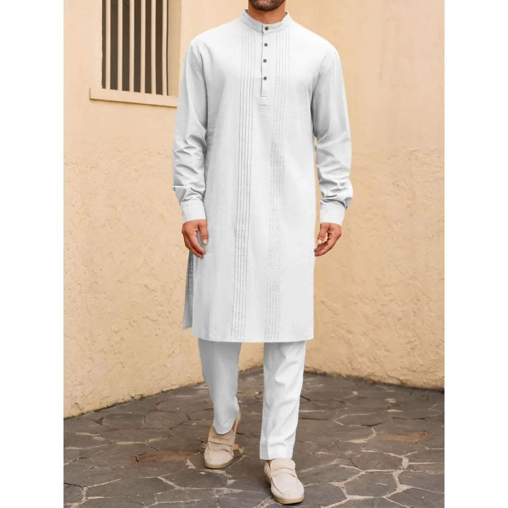 Men's Arabic Style Long Shirt - Minimalist Thobe Robe Shirt, Modern Traditional Muslim Wear for Casual & Prayer
