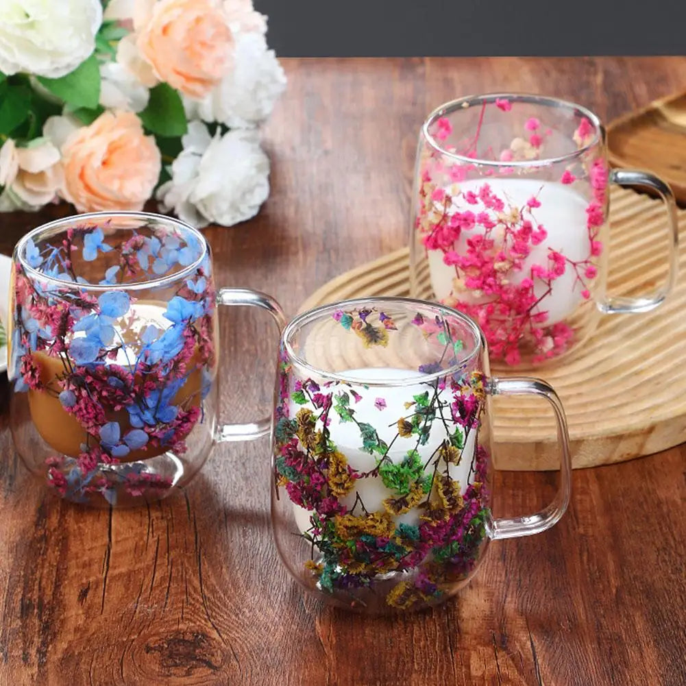Double Walled Glass Mugs Double Wall Dried Flower Cup For Coffee Heat Resistant Dried Flower Double Wall Glass Mug For Cold