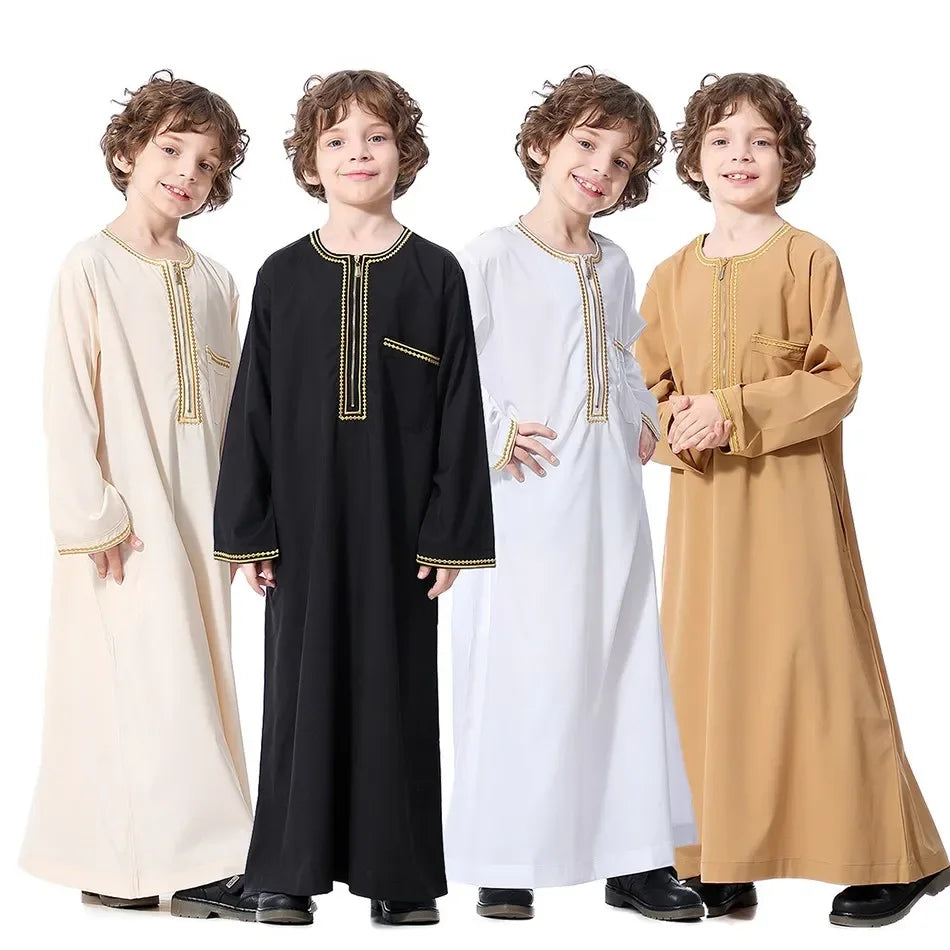 Teenage Boys' Summer Muslim Robe Kids Arab Folk Clothes Boys Solid Color Thobe 5-14 Years National Outfit for Children New