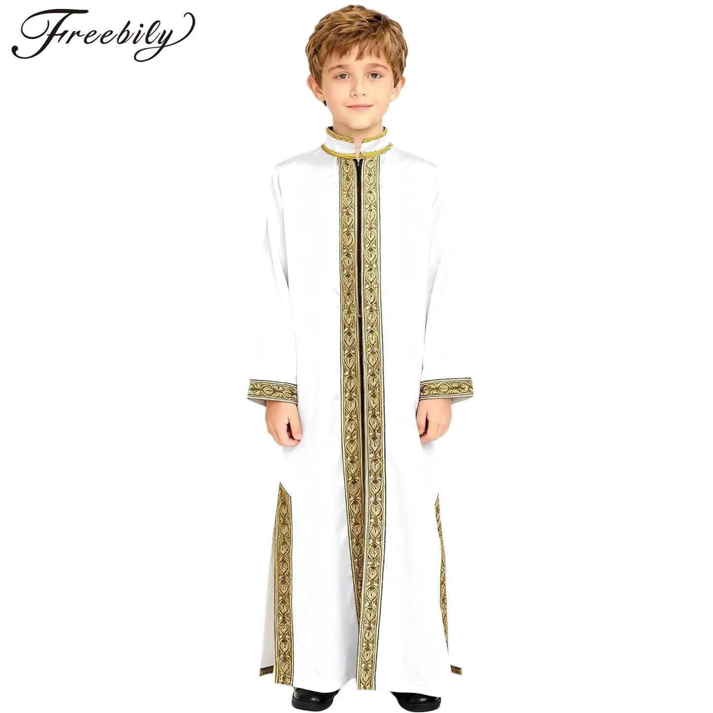 Boys Gold Embroidery Maxi Muslim Thobe Kaftans Arab Gown Islamic Robe Cosplay Long Sleeves Coats Festival Holiday Costume