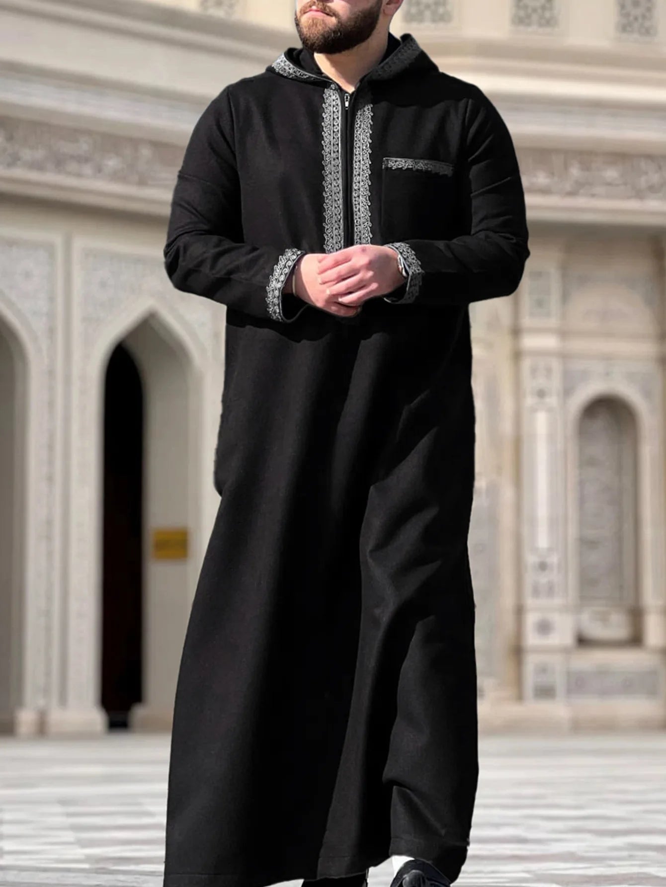 Muslim Men's Robes Hooded Embroidered Robes Arabic Thobe Ethnic Style Traditional Casual Thawb Islamic Prayer Clothes Moroccan