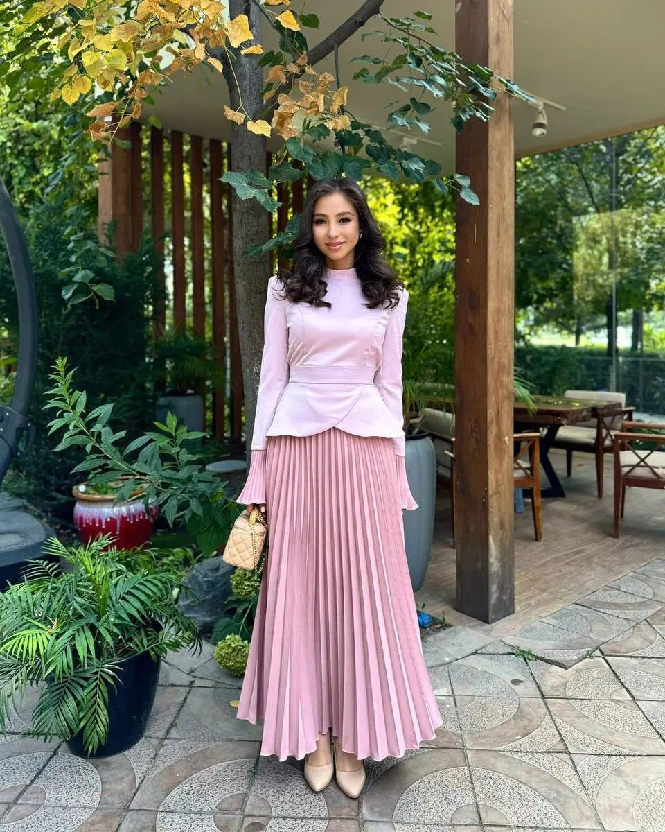 Long Skirt Suit Women Muslim 2 Piece Sets Top Pleated Skirts Modest Outfits Dubai Ramadan Irregular Tops Lace Up Ensemble 2025