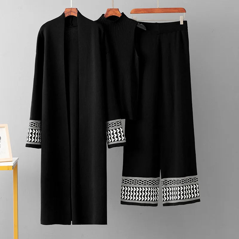 Eid Suit Women Cardigan Sweater Vest Wide Leg Pants Muslim 3 Piece Set Knitting Coat Trousers Morocco Dubai Knitwear Outfits