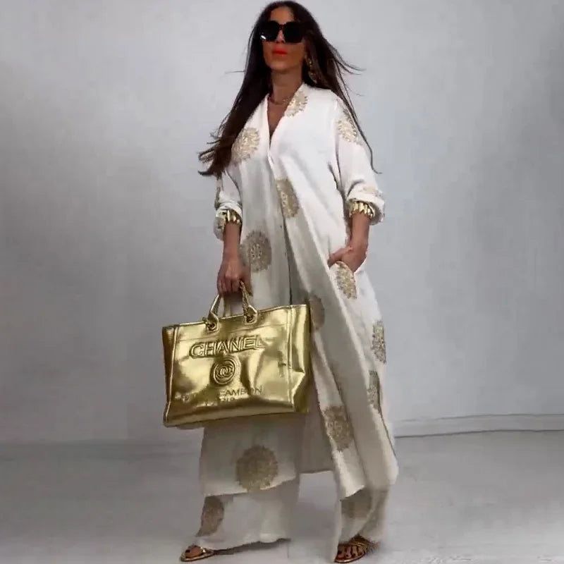 Long Coat 2 Piece Set Women Print Cardigan Wide Leg Pants Suit Ramadan Muslim Morocco Ensemble Dubai Islam Casual Arabic Outfits