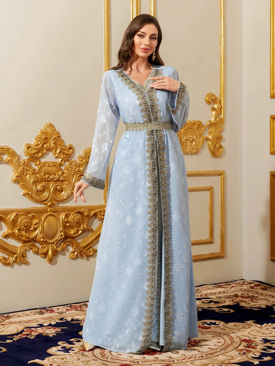 Muslim Abayas Moroccan Floral Maxi Kaftan Dress for Women Arabic Islamic Dubai Robe Ramadan Prayer Clothing