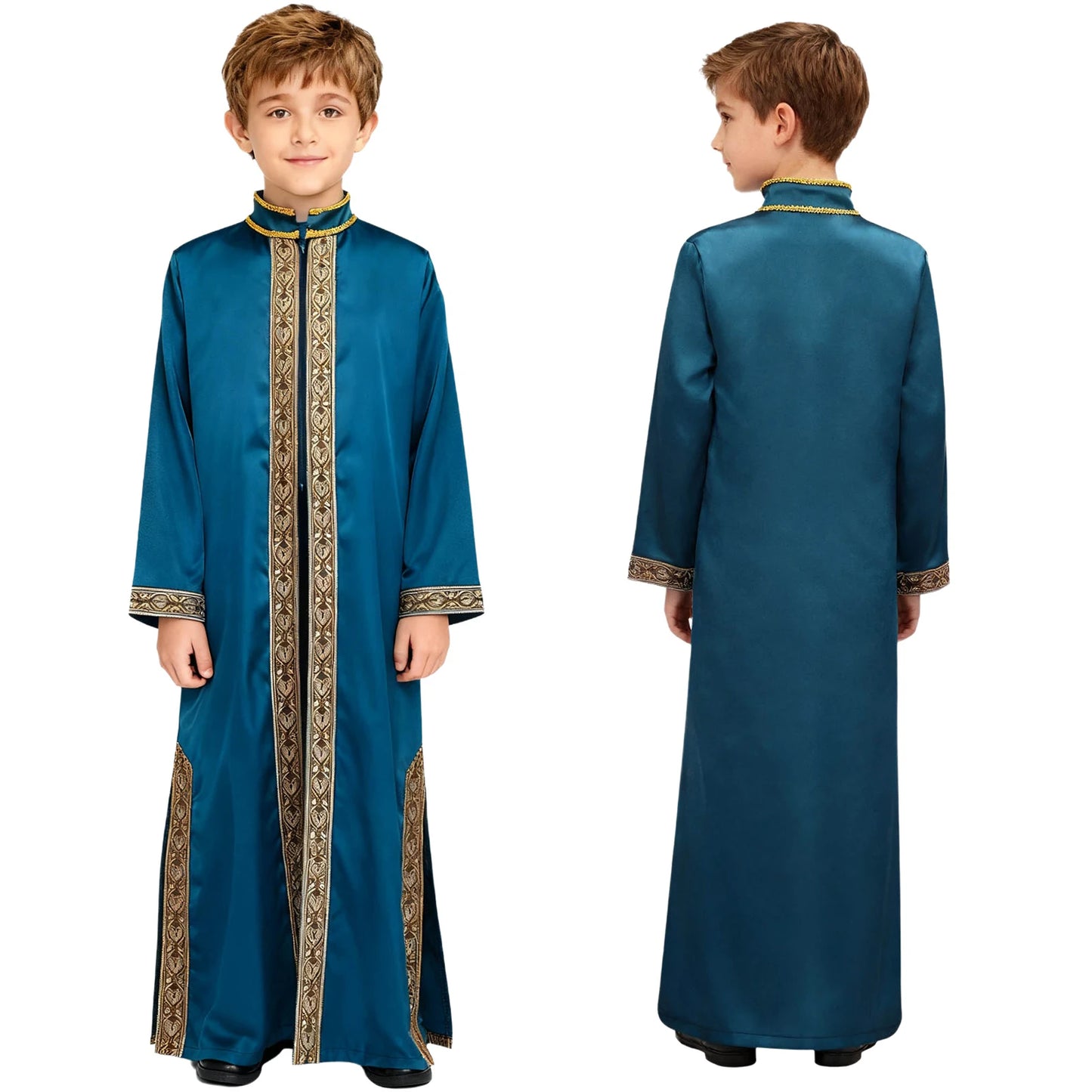 Boys Gold Embroidery Maxi Muslim Thobe Kaftans Arab Gown Islamic Robe Cosplay Long Sleeves Coats Festival Holiday Costume