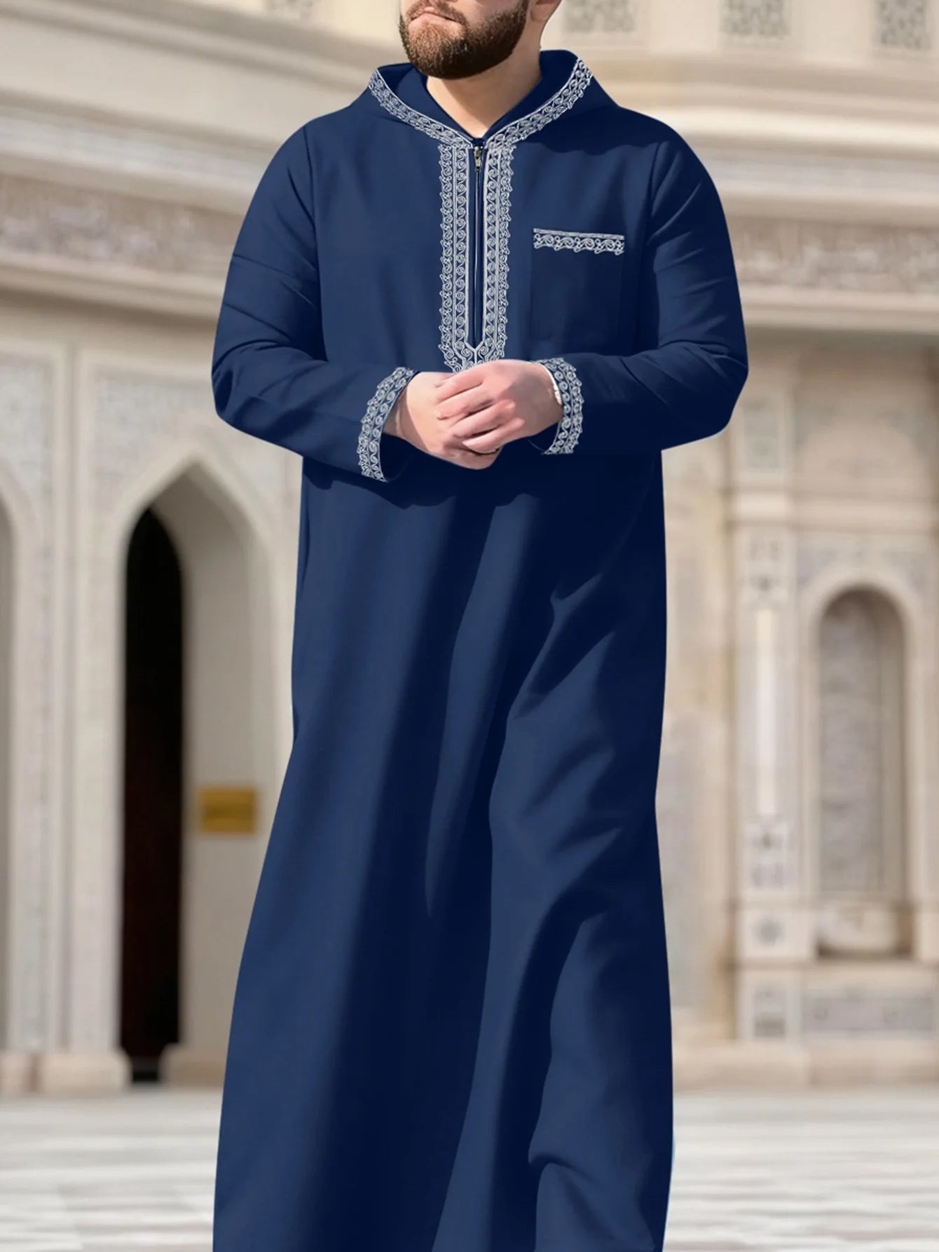 Muslim Men's Robes Hooded Embroidered Robes Arabic Thobe Ethnic Style Traditional Casual Thawb Islamic Prayer Clothes Moroccan