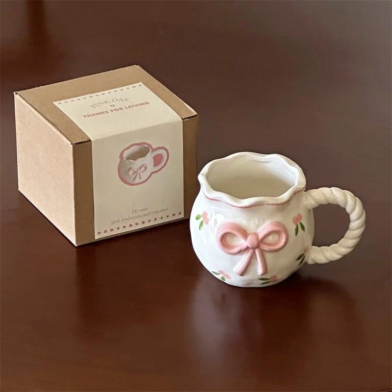 Cute Bow Thickened Ceramic Cup Hand Bow Irregular Mug Cups Coffee Milk Drinks Cup