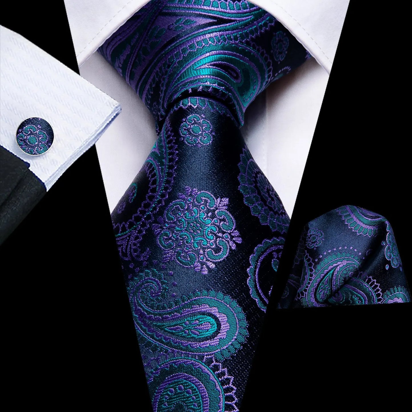 Hi-Tie Designer Black Blue Paisley 63inch Silk Men Tie 160cm Extra Long Ties for Men Woven Classic Men Necktie Pocket Square Set