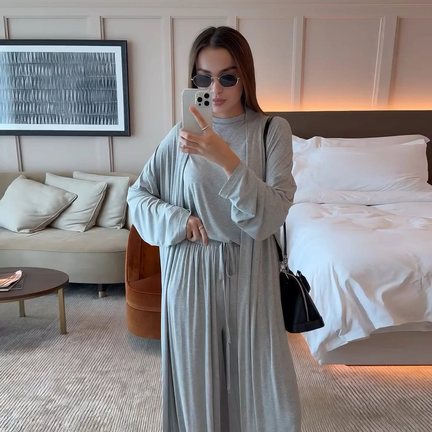 Muslim 3 Piece Set Women Cardigan Shirt Wide Leg Pant Blouse Top Suit Musulman Ensemble Dubai Casual Femme Outfits Solid Casual
