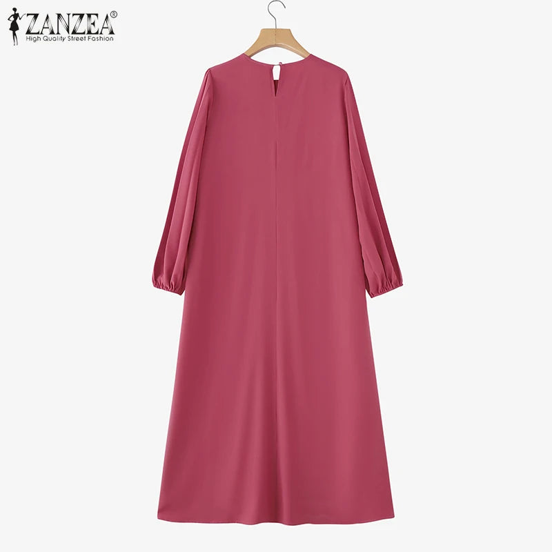 ZANZEA Women Muslim Fashion Dresses Elegant Long Lantern Sleeve Loose IsIamic Vestidos Kaftan Solid Pleated Sundress Robe Femme
