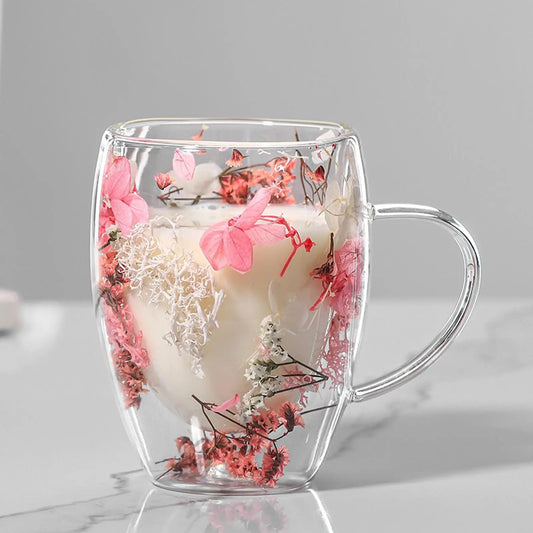 350ml Creative Double Wall Coffee Mug Dried Flower Filler Glass Cup  High Borosilicate Glass Cup Heat Resistant Tea Coffee Mug