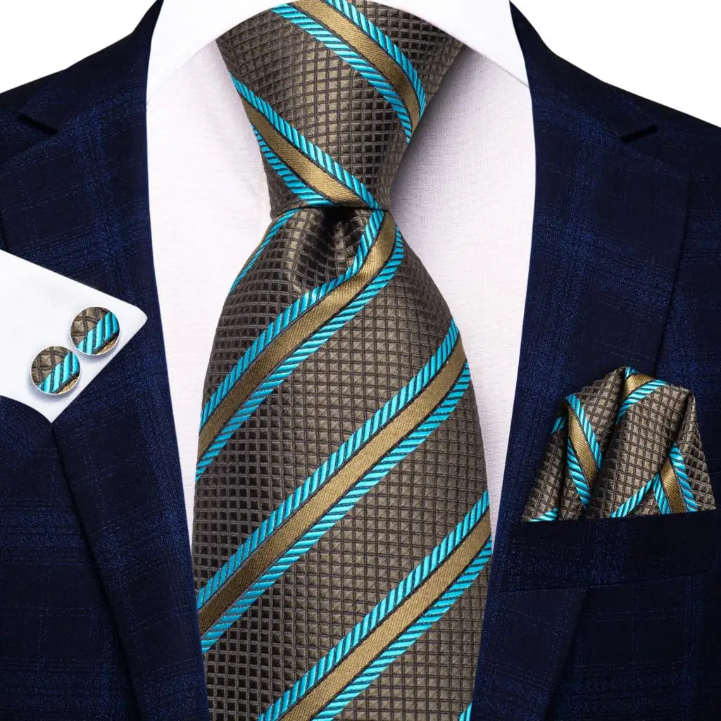 Hi-Tie Men Fashion Striped Navy Blue Necktie Handkerchief Cufflinks for Tuxedo Accessory Classic Silk Luxury Tie for Man Gift
