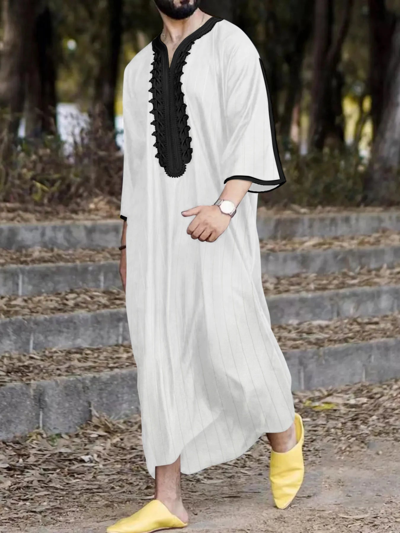 Moroccan Hand Embroidered Islam Kaftan Muslim Men's Clothing Loose Breathable Djellaba Abaya Thobe Summer Caftan