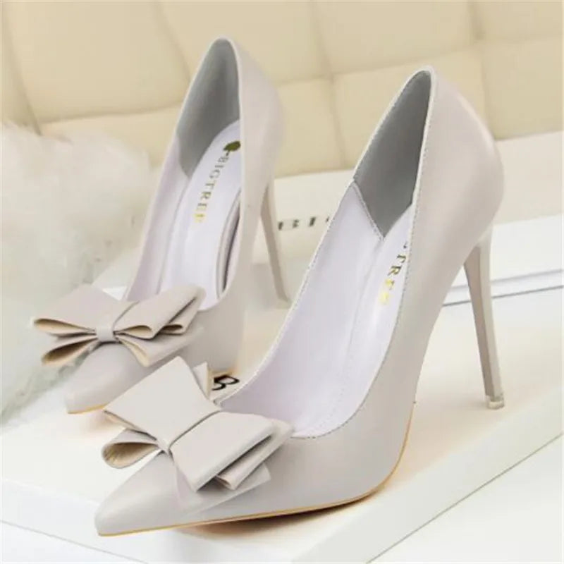 2025 Fashion Delicate Sweet Bowknot High Heel Shoes Side Hollow Pointed Women Pumps Pointed Toe 10.5CM thin Dress Shoes
