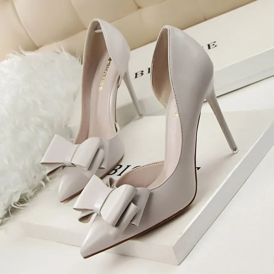 2025 Fashion Delicate Sweet Bowknot High Heel Shoes Side Hollow Pointed Women Pumps Pointed Toe 10.5CM thin Dress Shoes