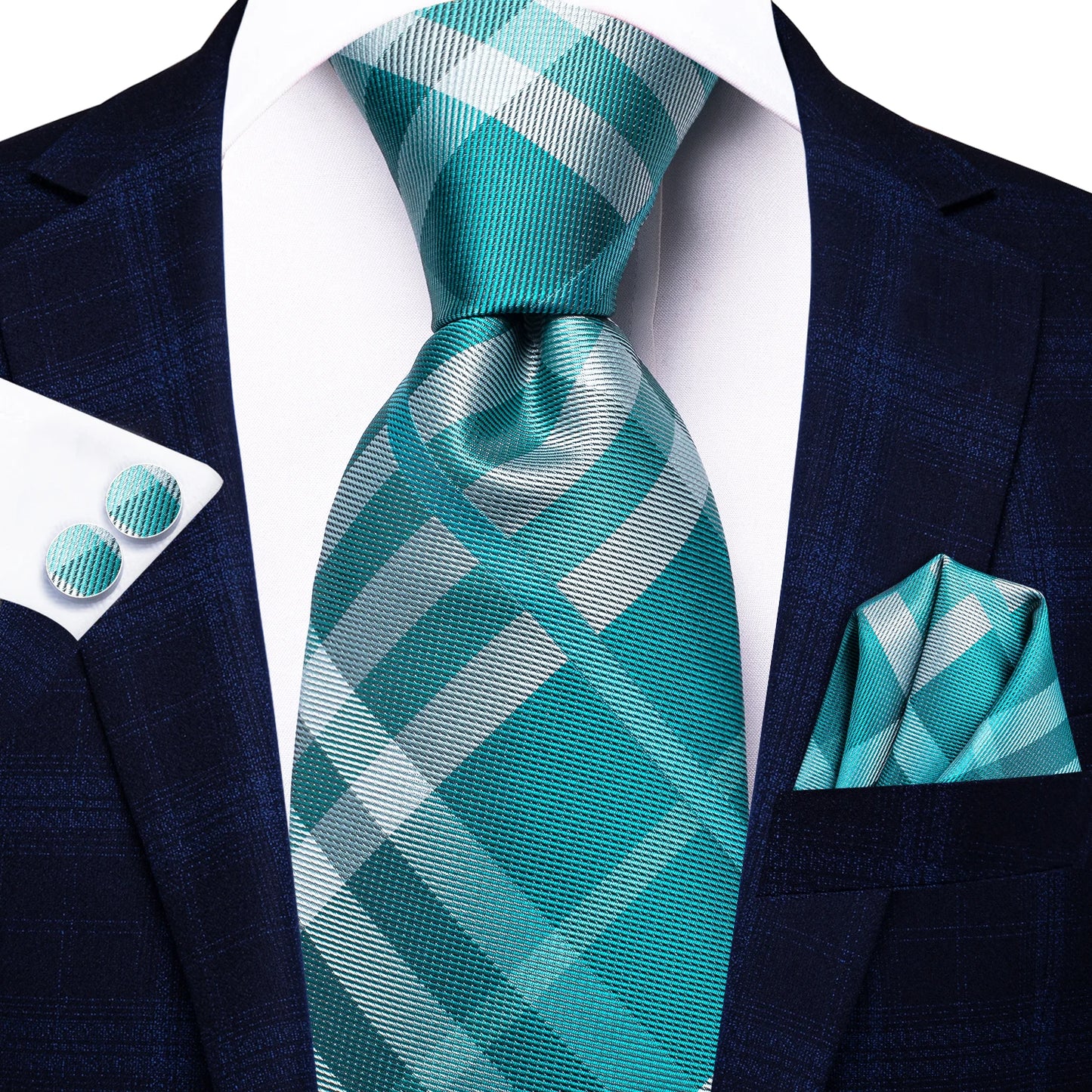 Hi-Tie Fashion 8.5cm Black Plaid Dots Men's Elegant Tie Handkerchief Cufflinks Set Wedding Party Accessories Gift for Men Gravat